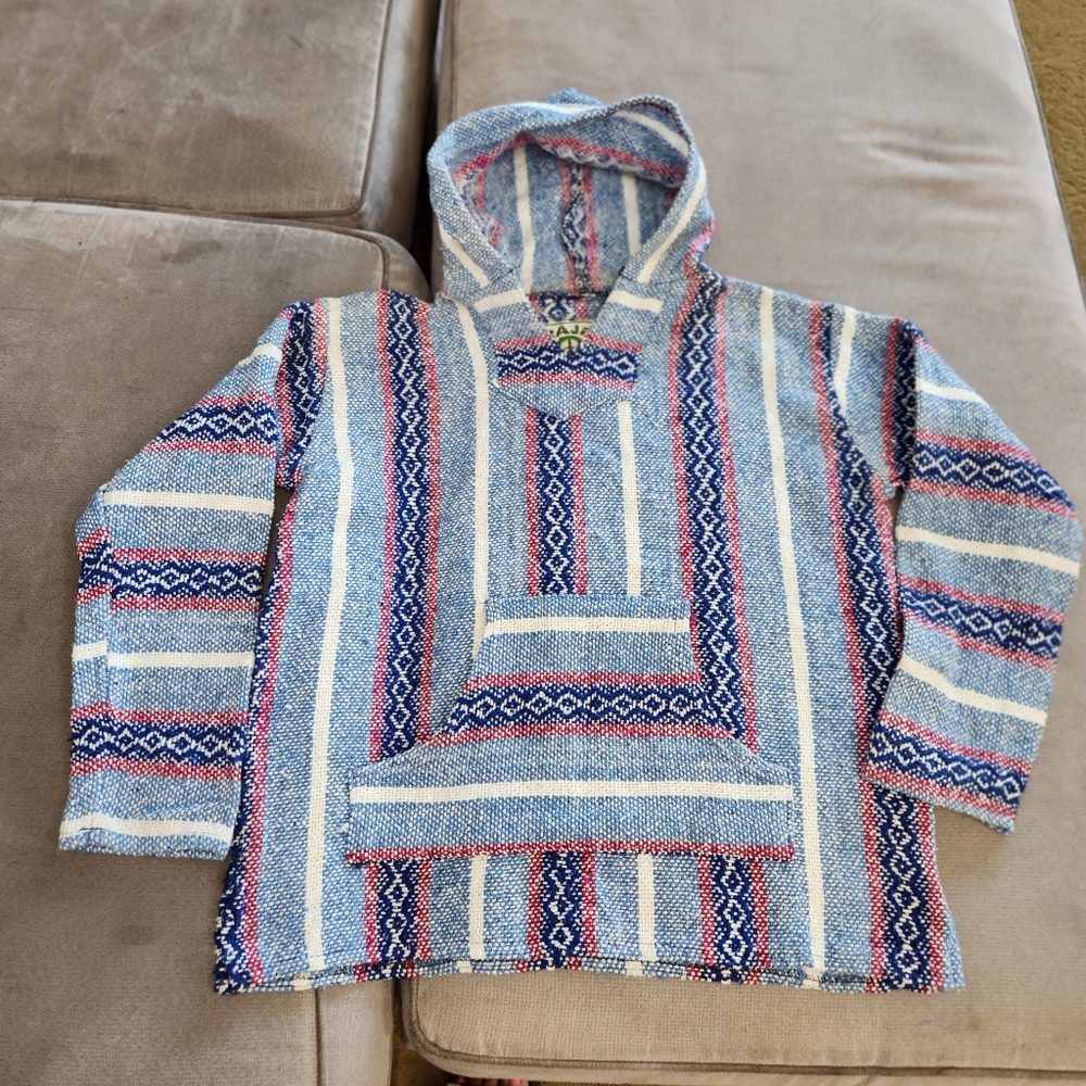 Vintage BAJA JOE Hippie Boho Mexican Surf Hooded  Rug Pullover Poncho Small NWOT
